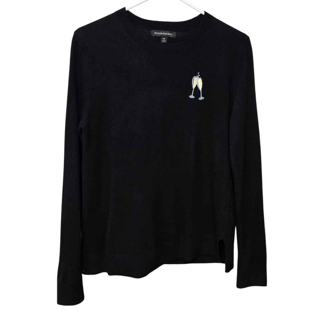 Banana Republic Sweater XS Wool Cashmere Champagne Embroidered Holiday Party NYE